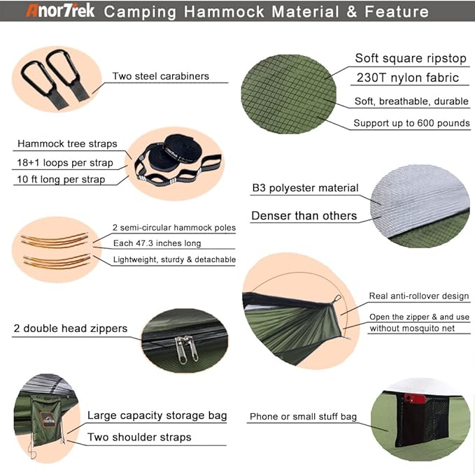 Camping Hammock with Mosquito Net and Rain Fly Tarp, Portable Double Hammock with Two Tree Straps, 230T Nylon Hammock and Waterproof Rain Fly Set for Hiking, Backpacking, Overnight (Green)