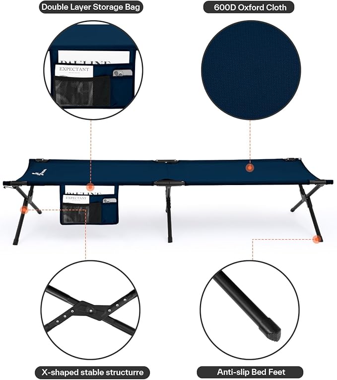 Sportneer Camping Cots for Adults: Easy-to-Assemble Camping Bed with Cmfortable Mattress & Side Bags Support 330lbs - Cot Bed for Camping, Lounging, & Elevated Sleeping, Size 78.3"x28.7"x14.6"