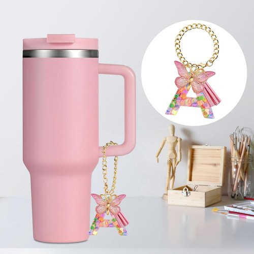 BALLMENT Letter Charm Keychain for Stanley Cup Accessories, Pink Custom Initial A Keychain for Stanley Tumbler 20oz/30oz/40oz, Cute Monogram Bag Charm Gift for Women Girls