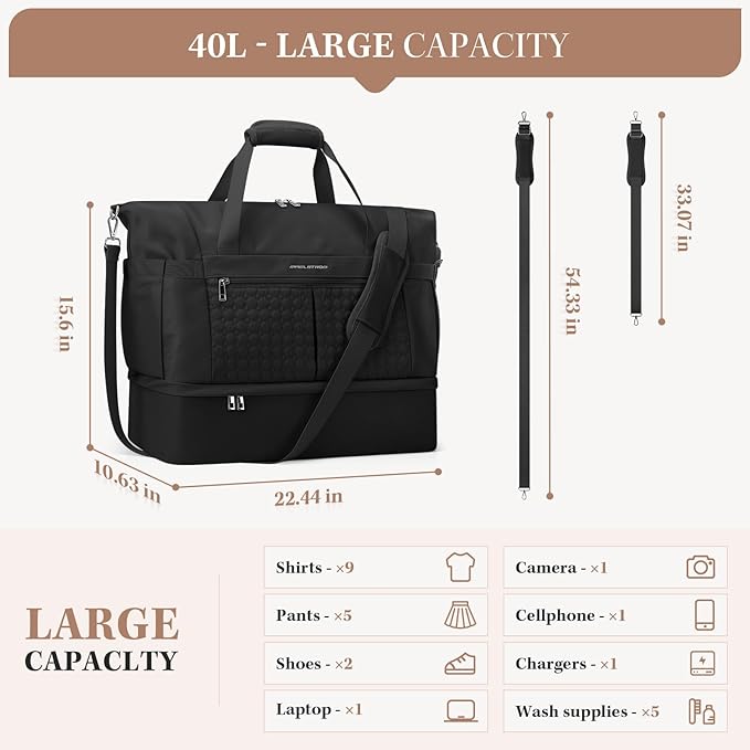 Maelstrom Gym Bag for Women,40L Travel Duffel Bag with Shoes Compartment and Wet Pocket,Waterproof Carry On Weekender Bag,Sport Gym Tote Bags Swimming Yoga, Hospital Holdalls-Black