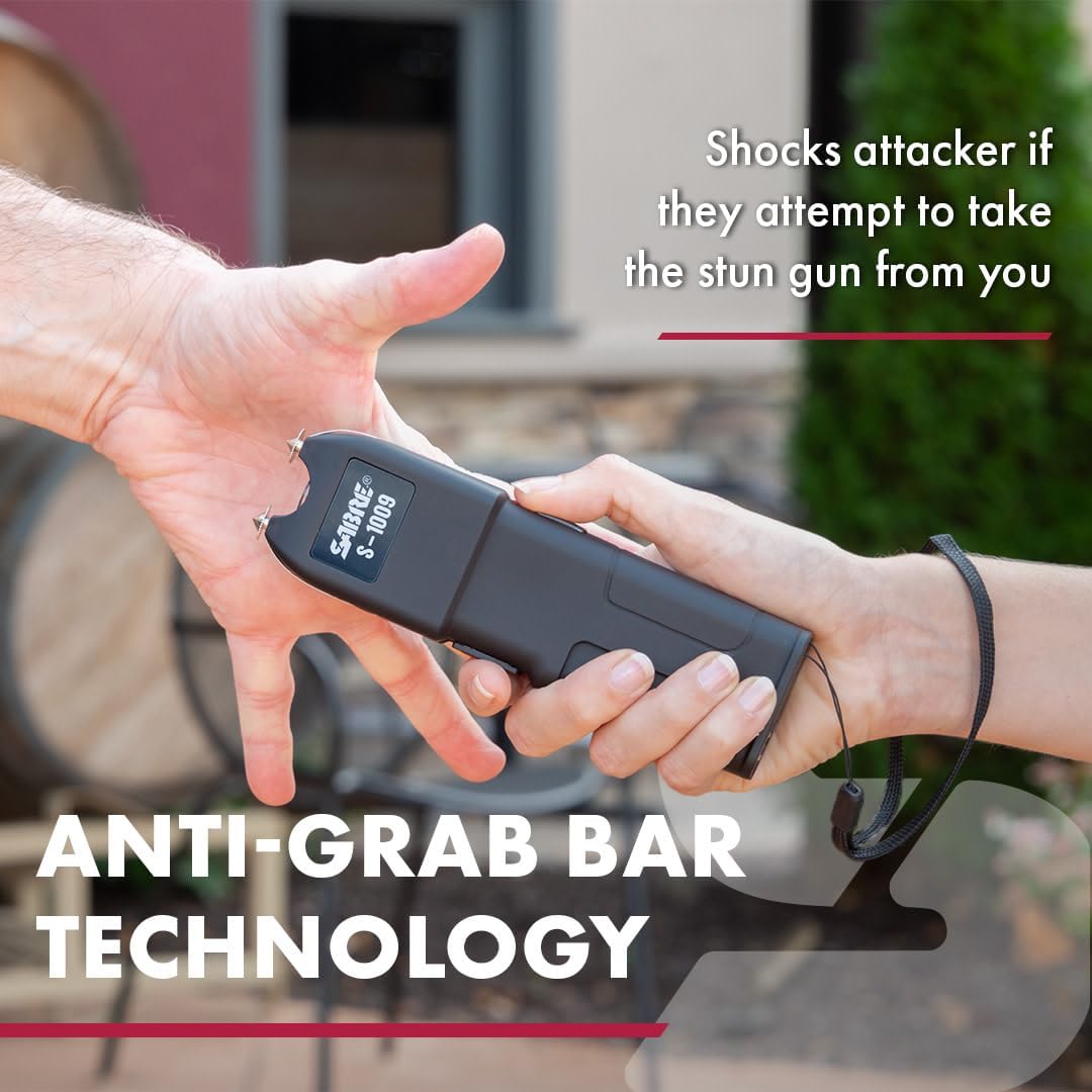 SABRE 2-in-1 Stun Gun with Flashlight and Anti-Grab Bar Technology, Painful 1.250 µC Charge, 120 Lumens, Rechargeable Battery, Safety Switch, Includes Wrist Strap and Belt Holster