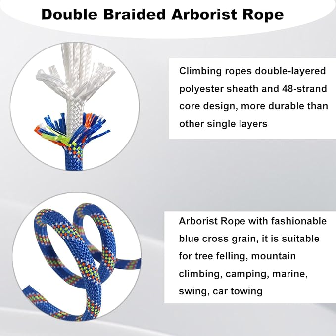 Double Braided Arborist Rope - 1/2 Inch x 50 Feet Polyester High Strength Climbing Rope for Tree Work, Halyard, Sailing (Blue)