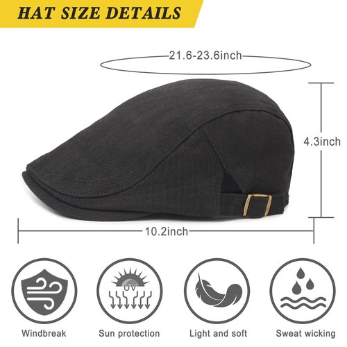 Xinveen Newsboy Hats for Men Flat Cap Cotton Adjustable Breathable Irish Cabbie Ivy Driving Hunting Hat Black
