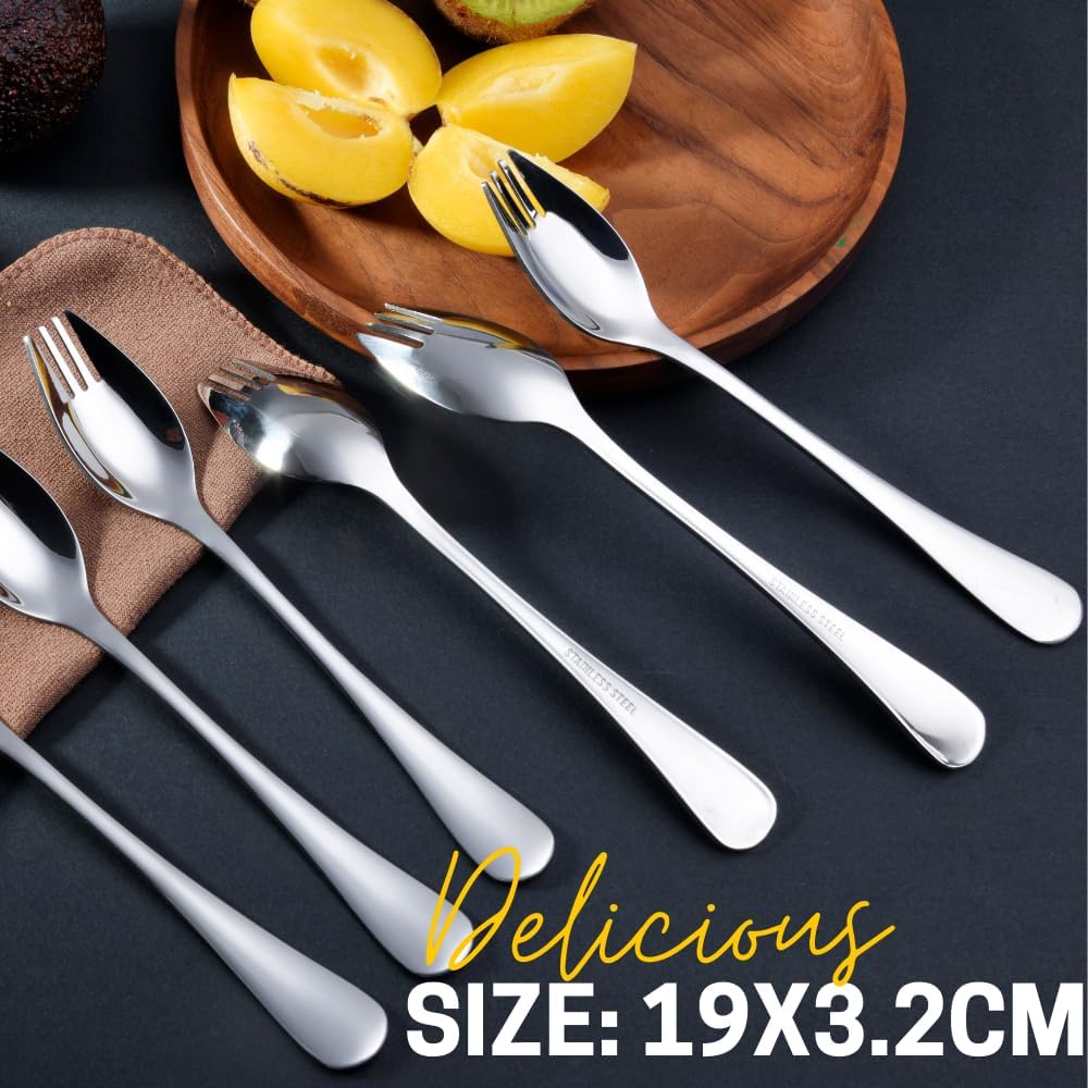 Spork 6-Pack Long Handle and Heavy Duty 18/10 Sporks Stainless Steel Sporks Reusable for Kids and Adults and Outdoor Camping by KAISHANE