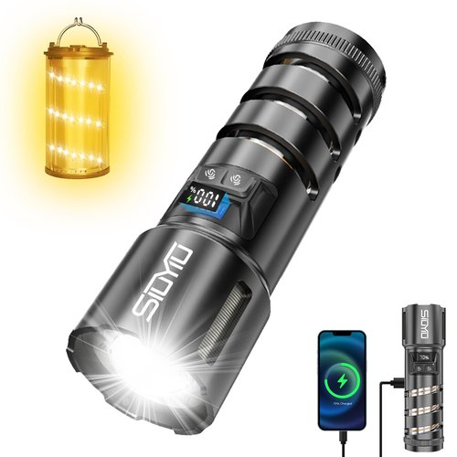 Siuyiu Flashlights High Lumens, 2-in1 Camping Lantern 2000 Lumens, 8 Modes Outdoor Camping Flashlight Rechargeable, Zoomable IPX65 Waterproof Flashlight for Home Emergency