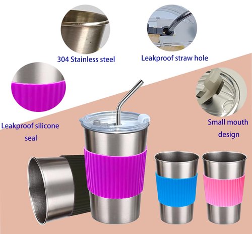 Navmudin Cups with Lids and Straws, 17oz 4 Pack Reusable Leakproof Stainless Steel Cups, BPA Free Unbreakable Metal Coffee/Beer/Smoothie Camping Cup(Black&Blue&Pink&Purple)
