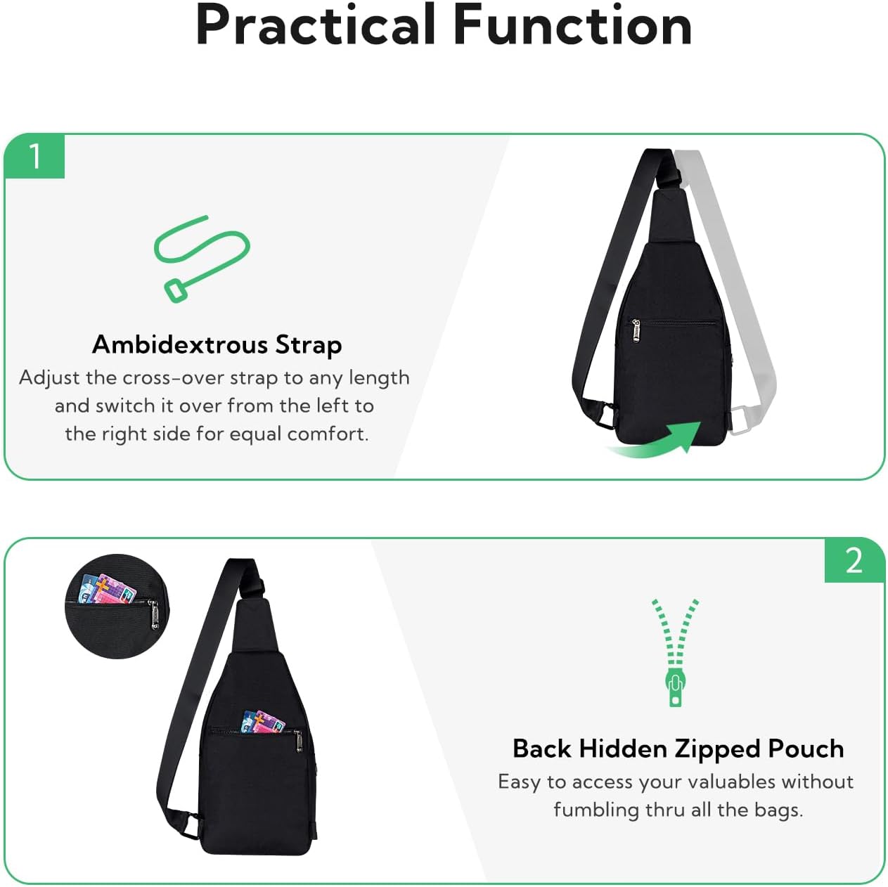 WATERFLY Small Crossbody Sling Backpack Anti Theft Backpack for Traveling Chest Bags for Men&Women Multipurpose Casual Daypack Hiking Shoulder Bag (Black)