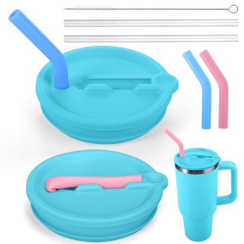 Mity rain 2PCS Silicone Tumbler Flip Straw Lid for Stanley Cup 40OZ, Spill Proof Lid Compatible with Stanley Quencher Flip Straw Lids for Replacement (Blue)