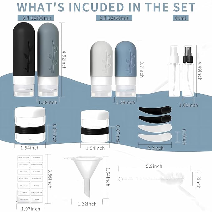 18pack Travel Bottles for Toiletries,TSA Approved Silicone Travel Containers jar for Toiletries,Leak Proof Refillable Liqus Shampoo And Conditioner Travel Essentials toiletry Bottles