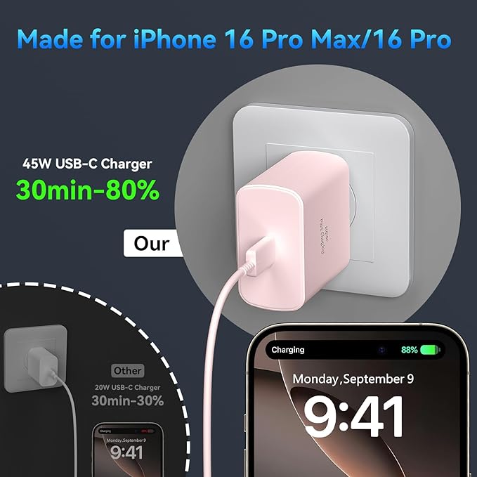 Phone 16 Pro Max Charger Fast Charging, 45W Super Fast USB C Charger Block with 6.6FT Long Charging Cord Cable for Phone 16 Pro Max/16 Pro/16/16 Plus,15 Pro Max/15 Pro/15,Android Phone-Pink