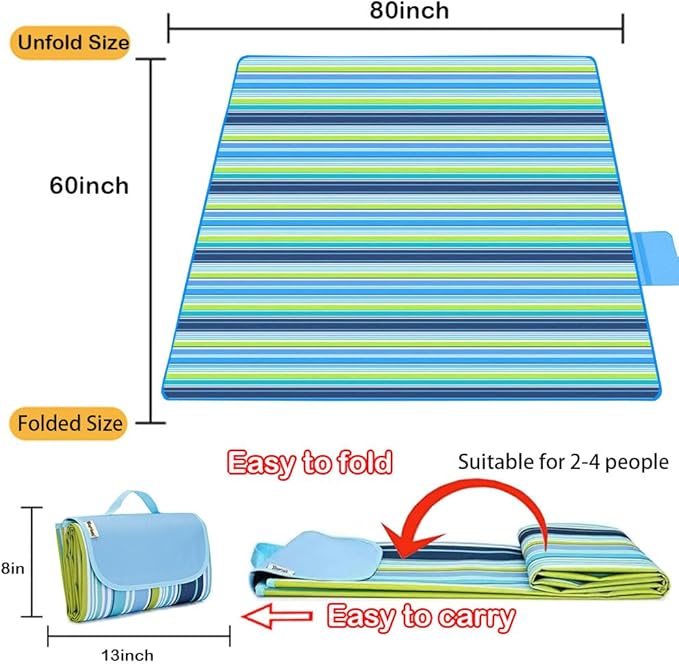 K Y KANGYUN Picnic Blanket | Beach Mat| Picnic Blankets for Indoor and Outdoor, 80" x 60" Sandproof Waterproof Larger Mats for Travel, Camping, Hiking, Park Grass, Handy Tote, Foldable (Blue Line)