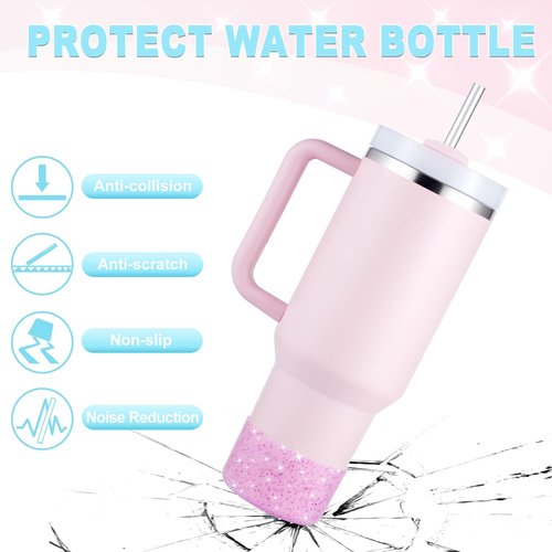 Onlymory Silicone Boot for 30 40 OZ Stanley Cup Accessories, Glitter Boots for Stanley 20OZ 30OZ Tumbler Ice-Flow 16OZ Bottle, Anti-Slip Bling Protector Bottom Cover Sleeve, Clear Carnation