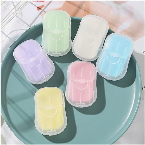 Sluswallow 100Pcs Green and Yellow Portable Soap Sheets, Mini Portable Travel Soap Paper Sheets Disposable Water Soluble Hand Washing Bath Scented Paper Camping Hiking and Shampoo for Outdoor