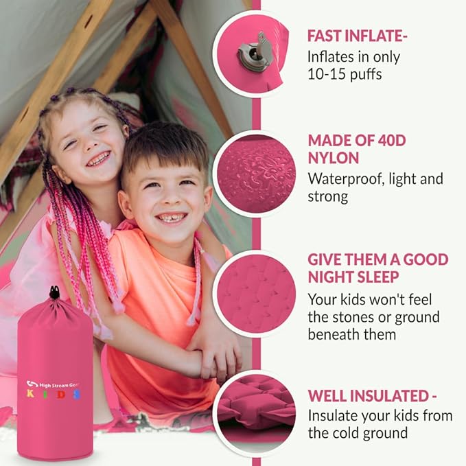 Kids Sleeping Pad for Camping and Sleepovers with Pillow, Inflatable Camping Mattress for Backpacking & Travel, Thick Toddler Cot Mat, Fast Inflating Camping Sleeping Pads for Kids