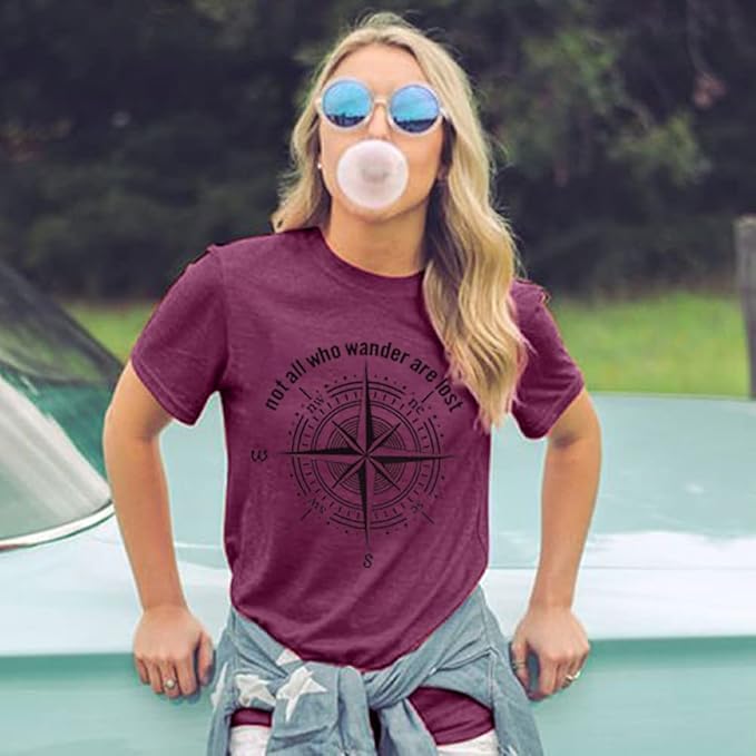 Womens Graphic T-Shirt Not All Who Wander are Lost Funny Tees for Women Summer Casual Tops Athletic Shirts