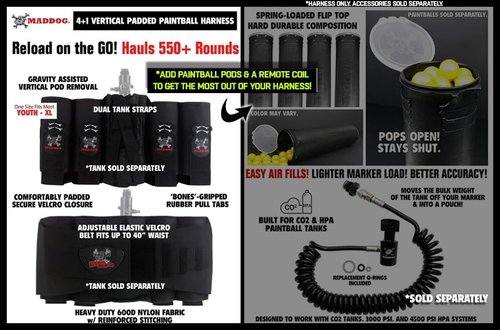 Maddog 4+1 Vertical Paintball Harness Pod Pack with (4) Paintball Pods | Pod Holder Belt with Pouch for up to 88ci. Paintball Tank Bottle | Remote Coil Compatible