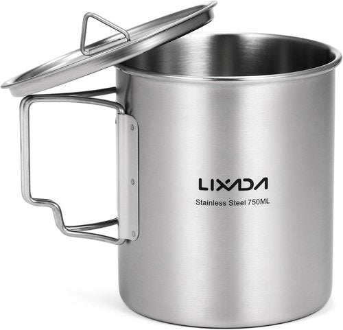 LIXADA Camping Cup Pot,750ml Stainless Steel Water Cup Mug with Foldable Handles and Lid for Outdoor Camping Hiking Backpacking