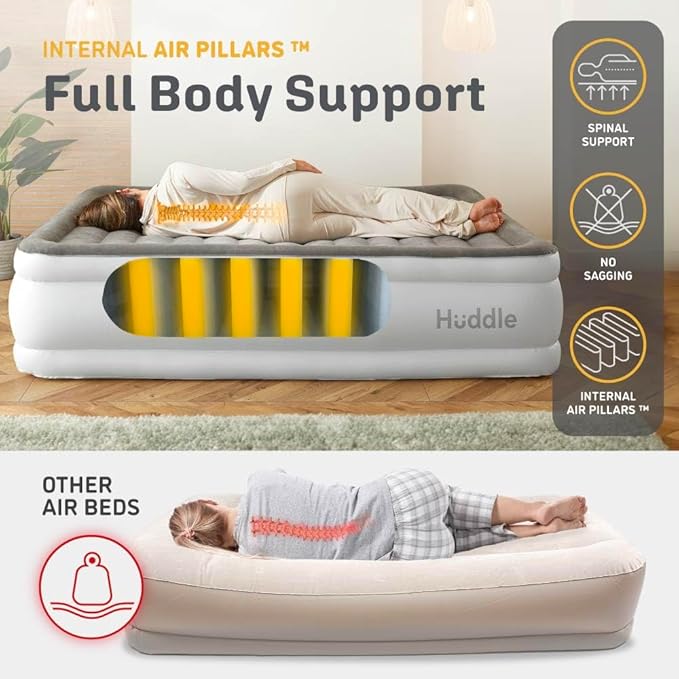 Huddle® Luxury Never Deflate Full Air Bed with Patented Dual Pump SlumberGuard™ Premium Technology | Inflatable Mattress with Built-in Pump | Comfortable Inflatable Mattress