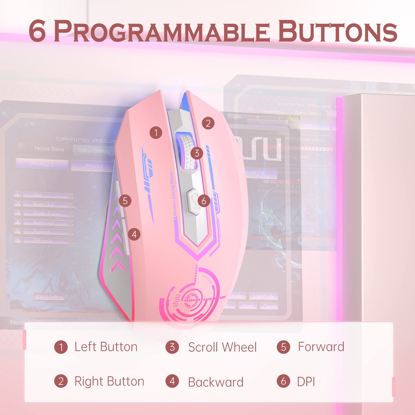 UHURU Wireless Gaming Mouse Up to 12000 DPI, Rechargeable USB-C Wireless Mouse with 7 Buttons 7 Dynamic LED Color Ergonomic Programmable MMO RPG for PC Laptop, Compatible with Windows Mac