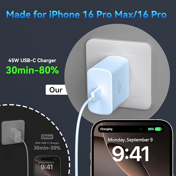 Phone 16 Pro Max Charger Fast Charging, 45W Super Fast USB C Charger Block with 6.6FT Long Charging Cord Cable for Phone 16 Pro Max/16 Pro/16/16 Plus,15 Pro Max/15 Pro/15,Android Phone-Blue