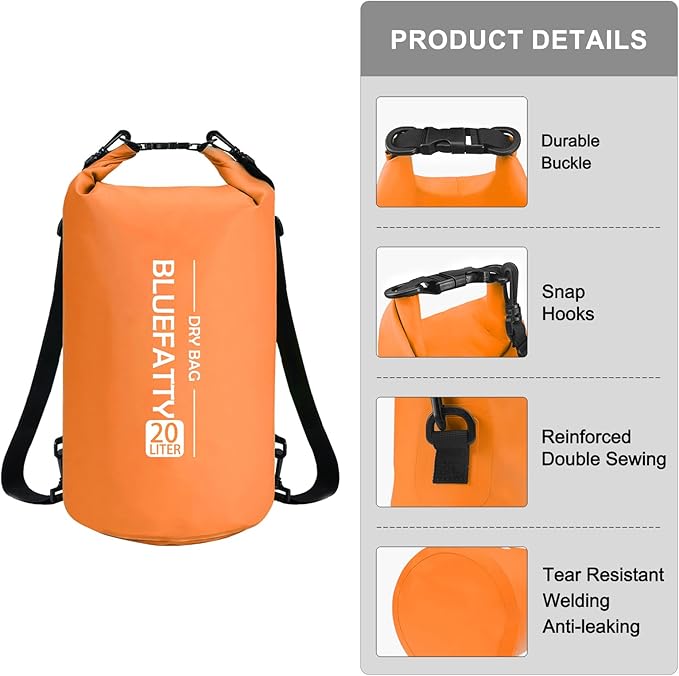 Waterproof Dry Bag Floating Roll Top Dry Backpack for Kayaking, Rafting, Boating, SUP, Fishing with IPX8 Waterproof Phone Case, Orange, 20L