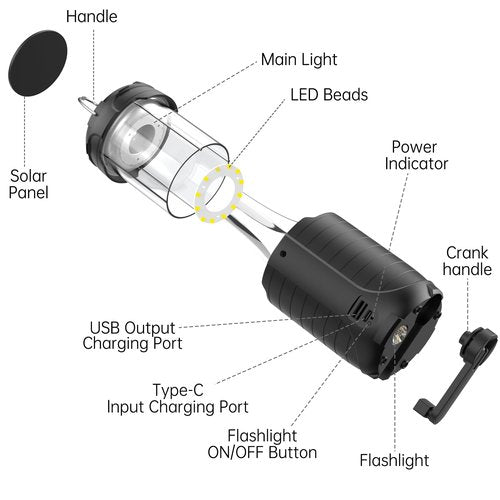Solar Camping Lantern,Rechargeable LED Lights, 5000mAh Waterproof Solar Powered/ Hand Crank Powered Rechargeable Lantern, Emergency Lights for Power Outages, Hiking, Campsites, Emergencies