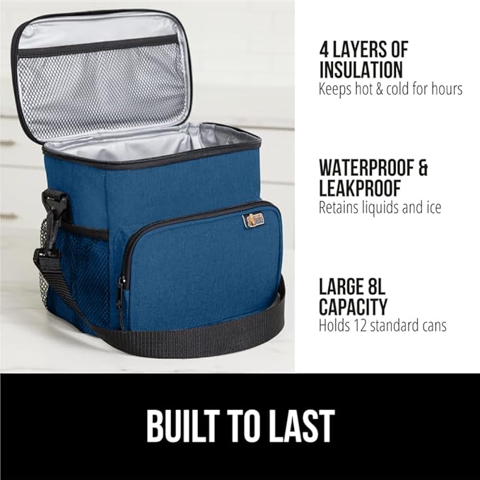 GORILLA GRIP Reusable Insulated Lunch Box Bag, Large Capacity, Leakproof Soft Cooler Bags, Mesh Pockets and Adjustable Strap, Food Tote for Work Camping School, Keep Drinks Cold, 8L, 10x9, Navy Blue