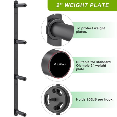 Kipika Gym Organizer Set - Wall Mounted 4 Pegs Weight Plate Storage Rack, Barbell Storage Rack with T-Bar Row Landmine Platform Attachment - Durable Steel Construction, Easy Installation