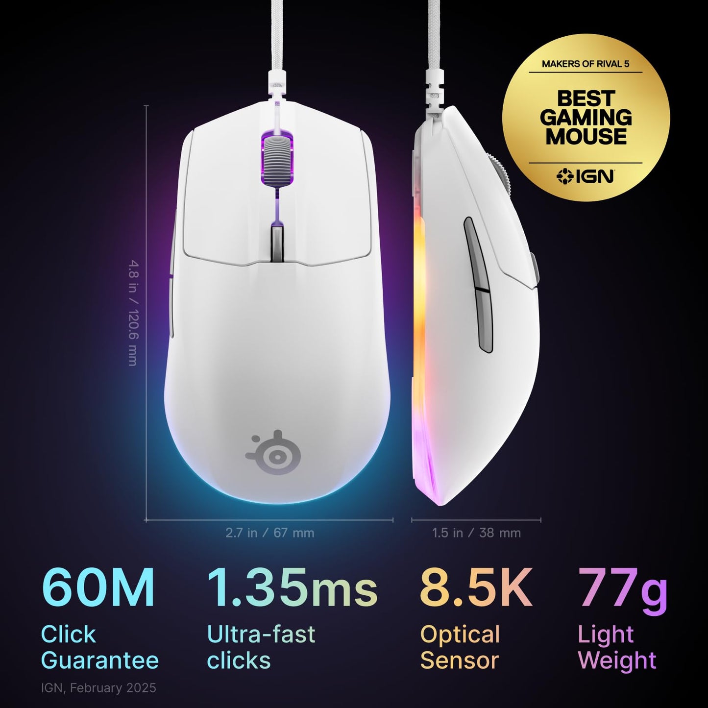 SteelSeries Rival 3 Wireless Gen 2 Gaming Mouse — 2.4GHz and Bluetooth — 18000 DPI TrueMove Air Optical Sensor — 60 Million Click Durability — Light-Weight — 100% PTFE Feet — Black