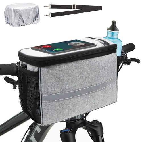 TOURSLOV Bike Handlebar Bag, 7" Bike Phone Holder, Water-resistant Bike Basket, Bicycle Front Storage Bag, Bike Frame Bag for MTB Racing Road Bike, with Shoulder Strap and Rain Cover (Grey, Large)