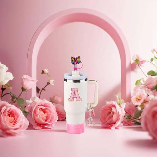 Stanley Cup Accessories Set of 6 PCS, Pink Glitter Letter Theme with Keychain, Butterfly Straw Topper, Silicone Boot, Patch & Cup Decor Kit,Water Bottle Carrier Set (Tumbler Not Included)