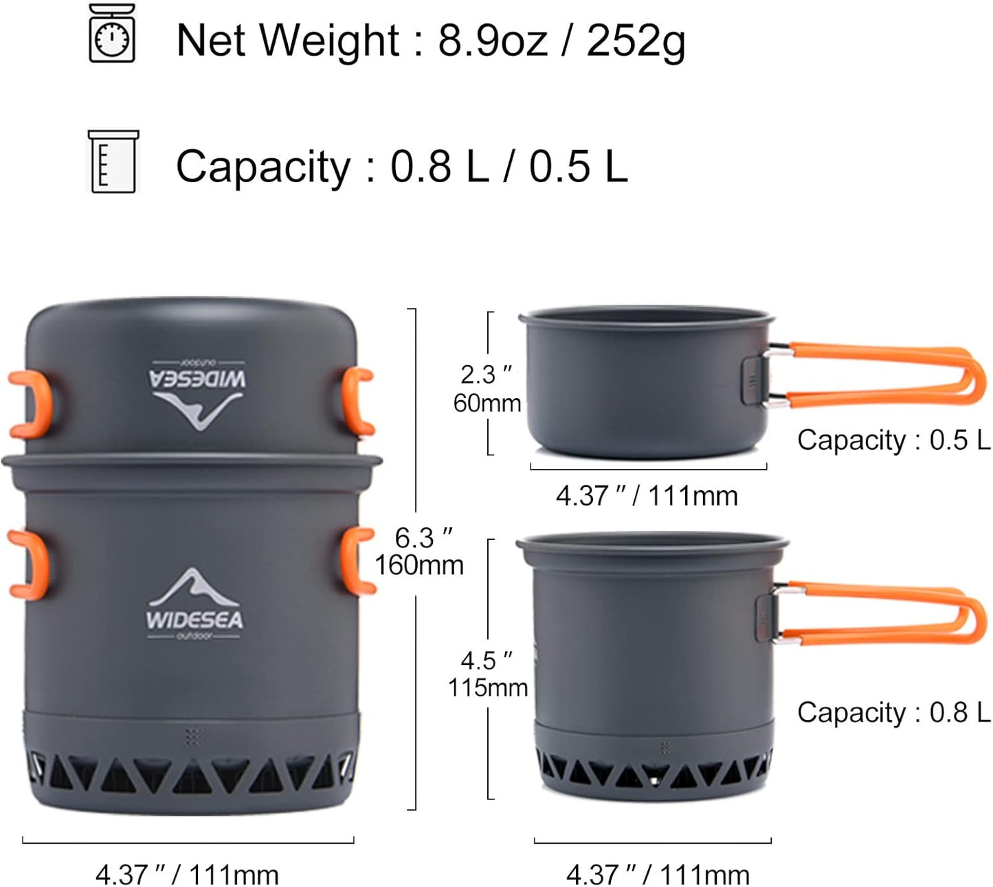 widesea Camping Cookware Outdoor Pot Pan Cooking Equipment Heat Exchange Design for Hiking Backpacking Travel