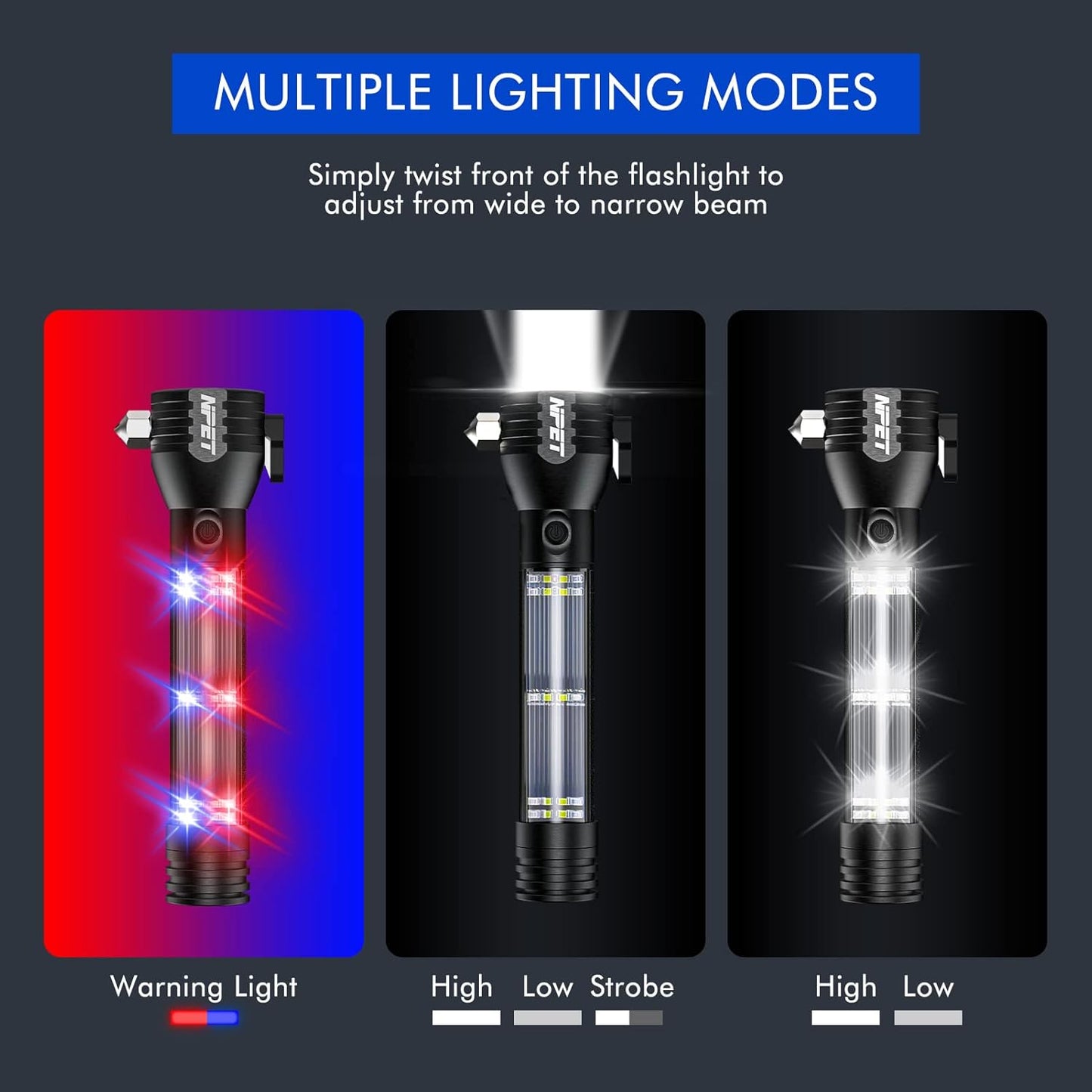 NPET T10 Car Flashlight 500 Lumens LED COB Light Solar Powered USB Rechargeable Tactical Multi-Function Torch Tool with 120dB Siren Window Breaker Seat Belt Cutter Compass for Camping