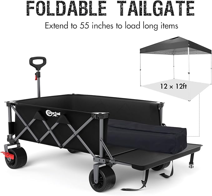 PORTAL 26" Extra Wide 55" Long Foldable Wagon with Tailgate, Large 600L Collapsible Wagon with Cargo Net, 400 LBs Heavy Duty Utility Cart with Big All-Terrain Wheels for Beach, Camping, Sports, Dogs