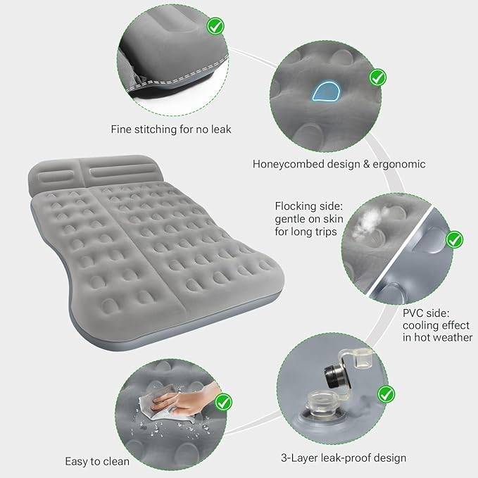 SUV Air Mattress， Thickened Flocked Camping Bed for Car Trunk & Back Seat ， Includes Electric Pump & 2 Foot Pedals ， Portable Inflatable car Mattress (Gray)
