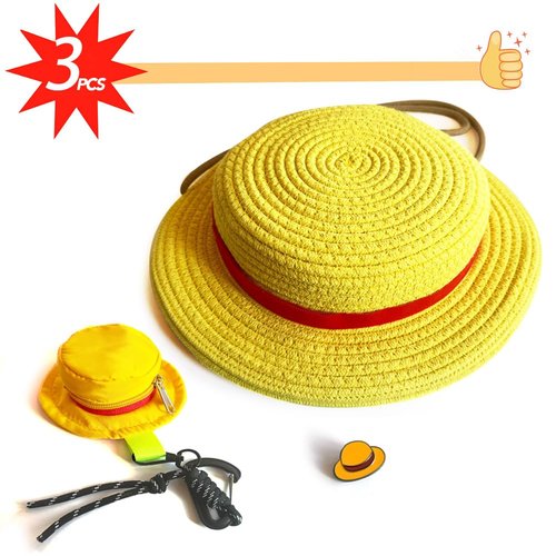 shiningsoul 3-in-1 Anime Pirate Captain Hat Cotton Rope Backpack + Strawhat Key Case + Enamel Pin - Anime Cosplay Daypack, Great Gift for OP Fans