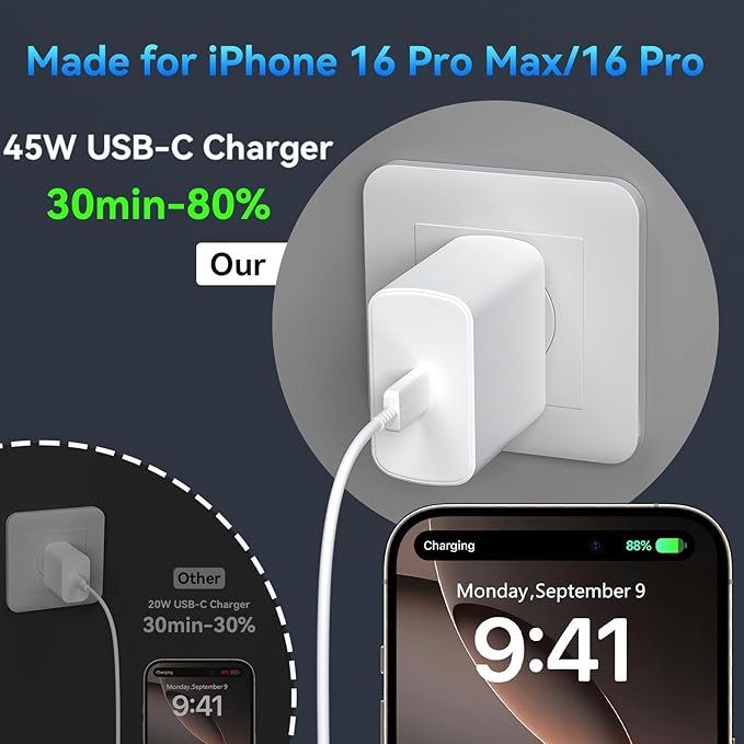 Phone 16 Pro Max Charger Fast Charging, 45W Super Fast USB C Charger Block with 10FT Long Charging Cord Cable for Phone 16 Pro Max/16 Pro/16/16 Plus,15 Pro Max/15 Pro/15,Android Phone-White&Pink