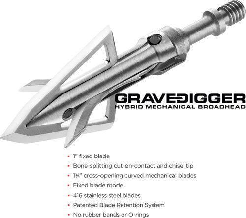 Bloodsport Gravedigger 4-Blade Hunting Hybrid Mechanical Broadhead with Cut-on-Contact Tip - 100 Grains | 1" Fixed 1.75" Mechanical Cutting Diameter | 3 Pack