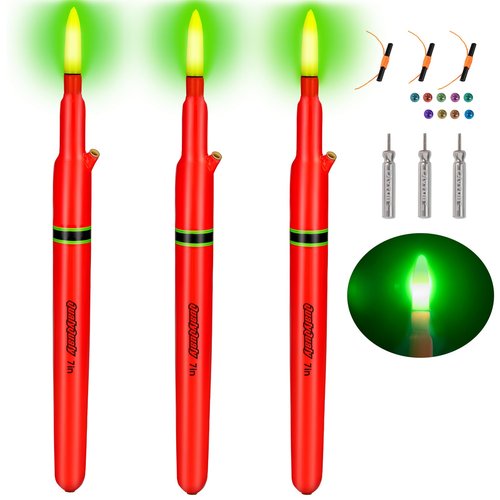 QualyQualy Lighted Fishing Floats, Weighted Floats Catfish Pole Floats LED Lighted Bright Bobber Wood Pole Fishing Float for Big Bait 7IN 10IN 12IN, 3PCS (B-Red Lighted Pole Float, 7''-3Pcs)