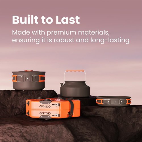 Cofiyard Propane 2 Burner Camping Stove with Camping Cookware, Outdoor Folding Propane Gas Stove, Camp Portable Stove and Camping Cooking Set, With 17,000 Total BTUs for BBQ, Tailgating, Camping