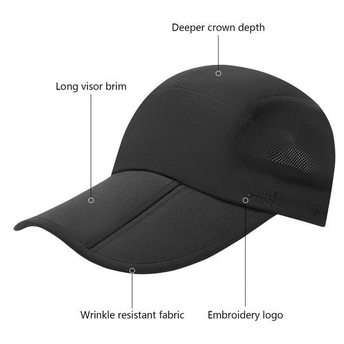 BASSDASH Folding Fishing Baseball Cap UPF 50+ Water Resistant Outdoor Portable Brim Hats for Women Men Hiking Adjustable Black