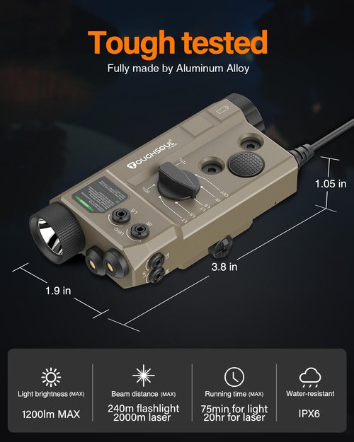 Mlok and Picatinny Mounted Tactical Flashlight Green Laser Infrared(IR) Laser 3 in 1 Combo, 1200 Lumen Light with Remote Pressure Switch for Rifle