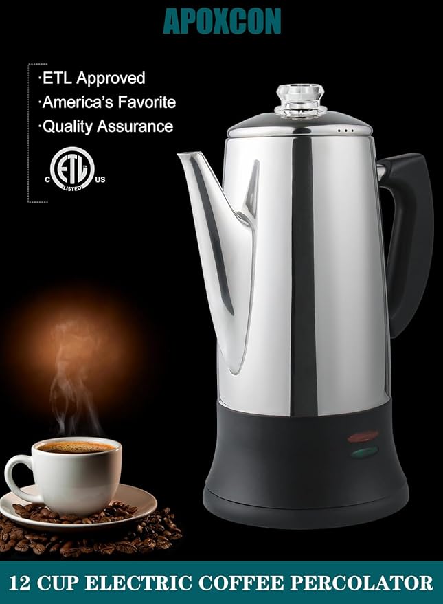 Electric Coffee Percolator Stainless Steel Coffee Maker with Two Heat Resistant Tough Glass Clear Brew Progress Knob Classic Look Keep Warm & Cordless Serving Coffee Pot 12 Cup