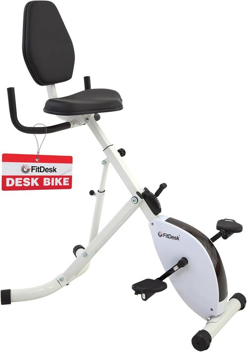 FitDesk Adjustable Exercise Bike Desk - Digital Monitor, 8 Resistance Levels, Foldable, Supports 242 lbs, White