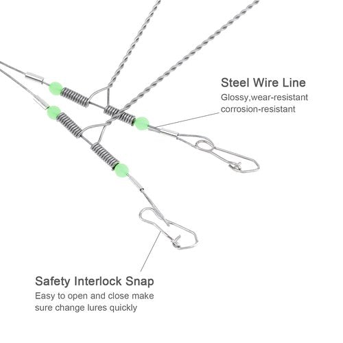 Conskyee 10pcs Fishing Leaders, High-Strength Stainless Steel 70LB 3Arms Wire Leader, Saltwater Tackle Rigs Fishing Leader Line Rig with Snaps Luminous Beads for Lures Bait Hooks