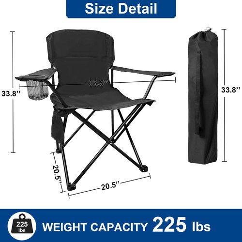 SAILARY 2PCS Folding Camping Collapsible Chairs Heavy Duty Lawn Chair with Cooler Bag, Storage Pocket, Waterproof Bag Outdoor Arm Chair, Supports 225LBS, Black