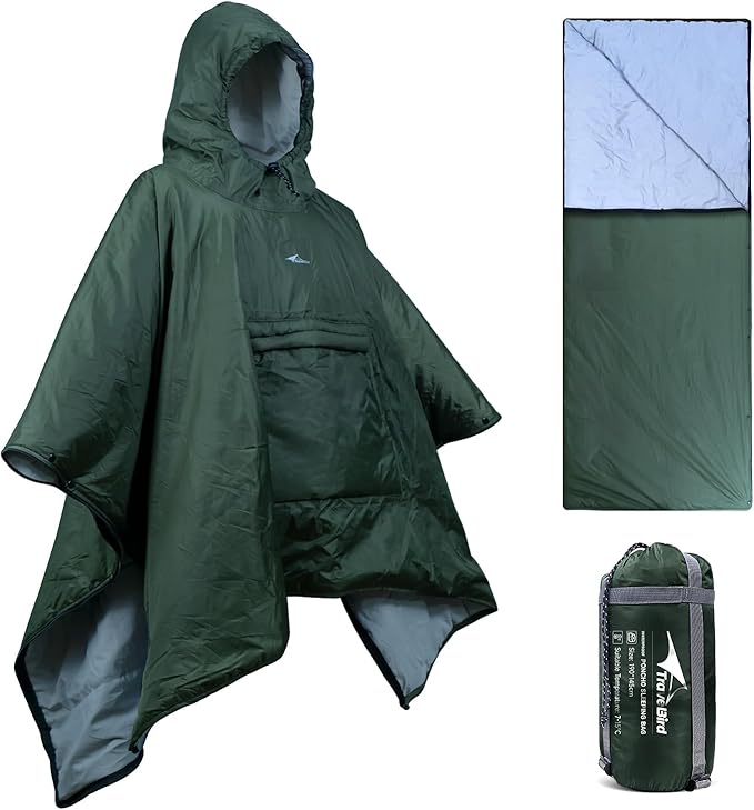 Sleeping Bag for Adult, Wearable Blanket Insulated Poncho Hooded, Sleepingbag Quilt for Winter Camping Hiking Sports