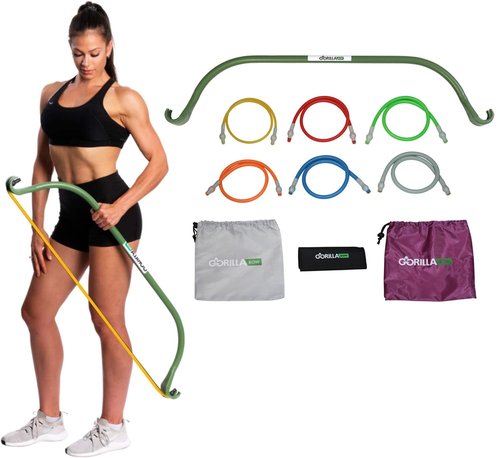 Lite Gorilla Bow Exercise Bow with Resistance Bands Workout Equipment for Legs, Arms, Waist, Shoulders and Back, Portable Home Exercise Equipment for Men and Women (Lite Bow, Green, Heavy Bundle)