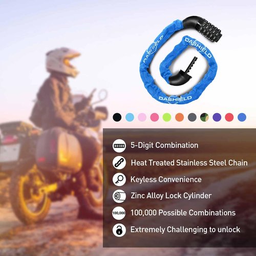DaShield Bike Chain Lock Security 5 Digit Resettable Combination, 38.6 inches Heavy Duty Anti Theft Lock Chain for Bicycle, Motocycle, Scooter, Gate, Fence (Blue, 3.2ft)