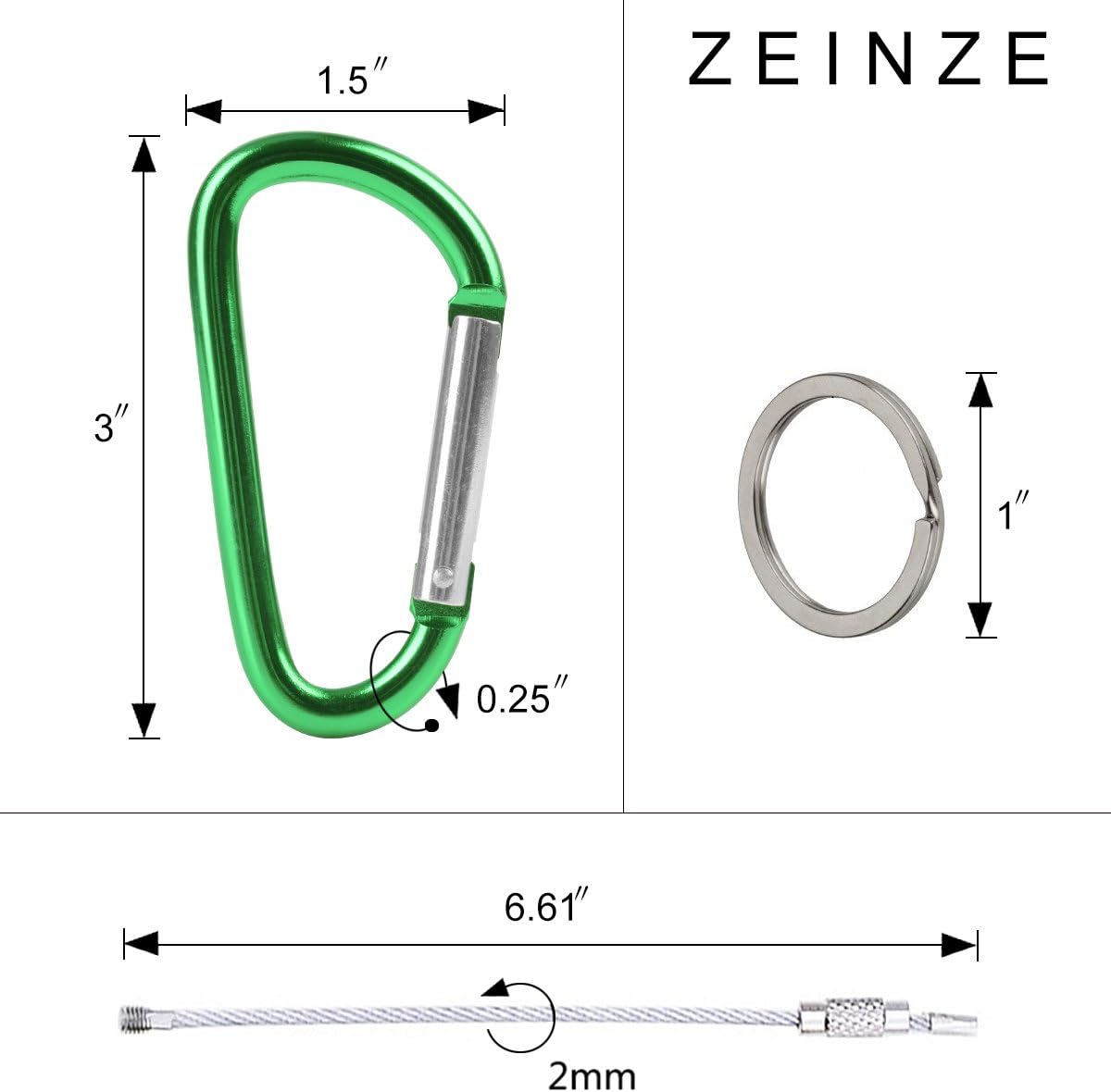 ZEINZE Carabiner Clip 3" Aluminum D-Ring Spring Loaded Gate Small Keychain Carabiners Clip Set for Outdoor Camping Mini Lock Hooks Spring Snap Link Key Chain Durable Improved Design 8 Pack